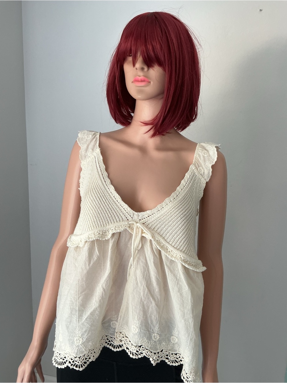 Zara Cream Lace-Trim Knit & Cotton Tank top